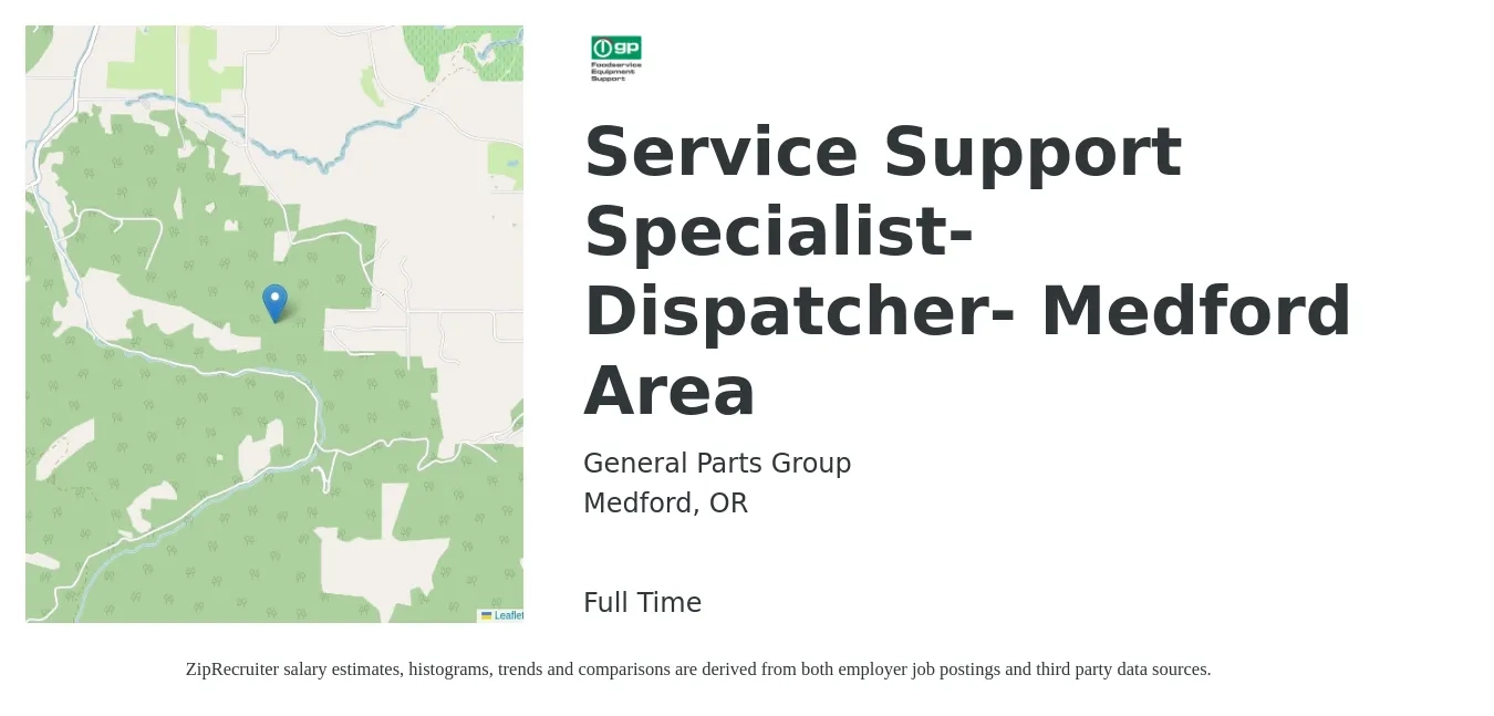 General Parts Group job posting for a Service Support Specialist- Dispatcher- Medford Area in Medford, OR with a salary of $20 to $24 Hourly with a map of Medford location.