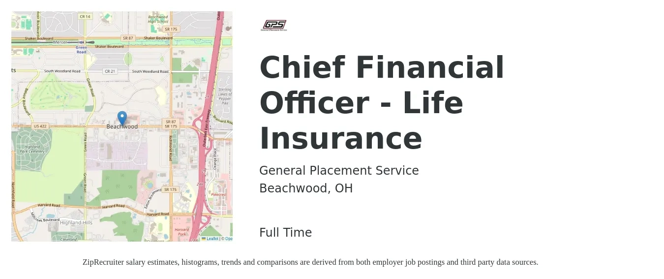General Placement Service job posting for a Chief Financial Officer - Life Insurance in Beachwood, OH with a salary of $135,500 to $384,500 Yearly with a map of Beachwood location.