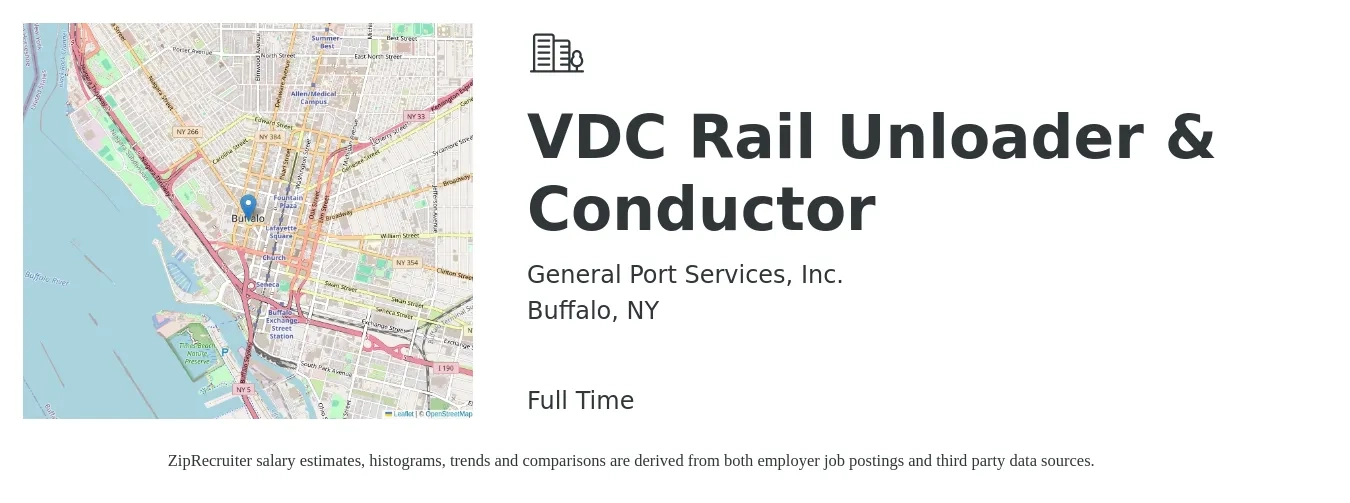 General Port Services Inc job posting for a VDC Rail Unloader & Conductor in Buffalo, NY with a salary of $14 to $18 Hourly with a map of Buffalo location.