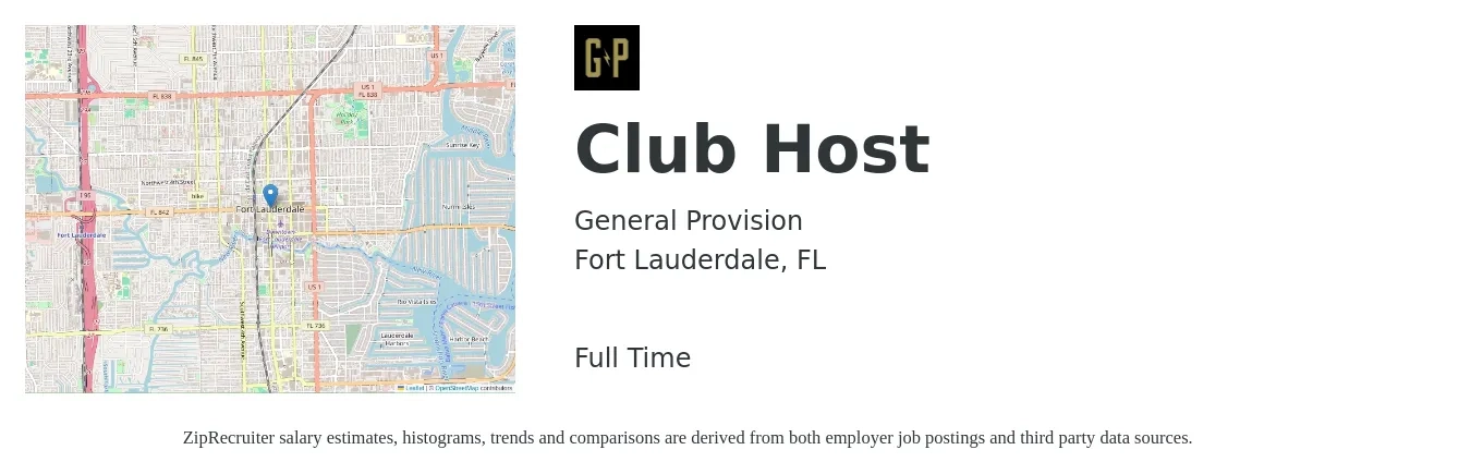 General Provision job posting for a Club Host in Fort Lauderdale, FL with a salary of $15 Hourly with a map of Fort Lauderdale location.