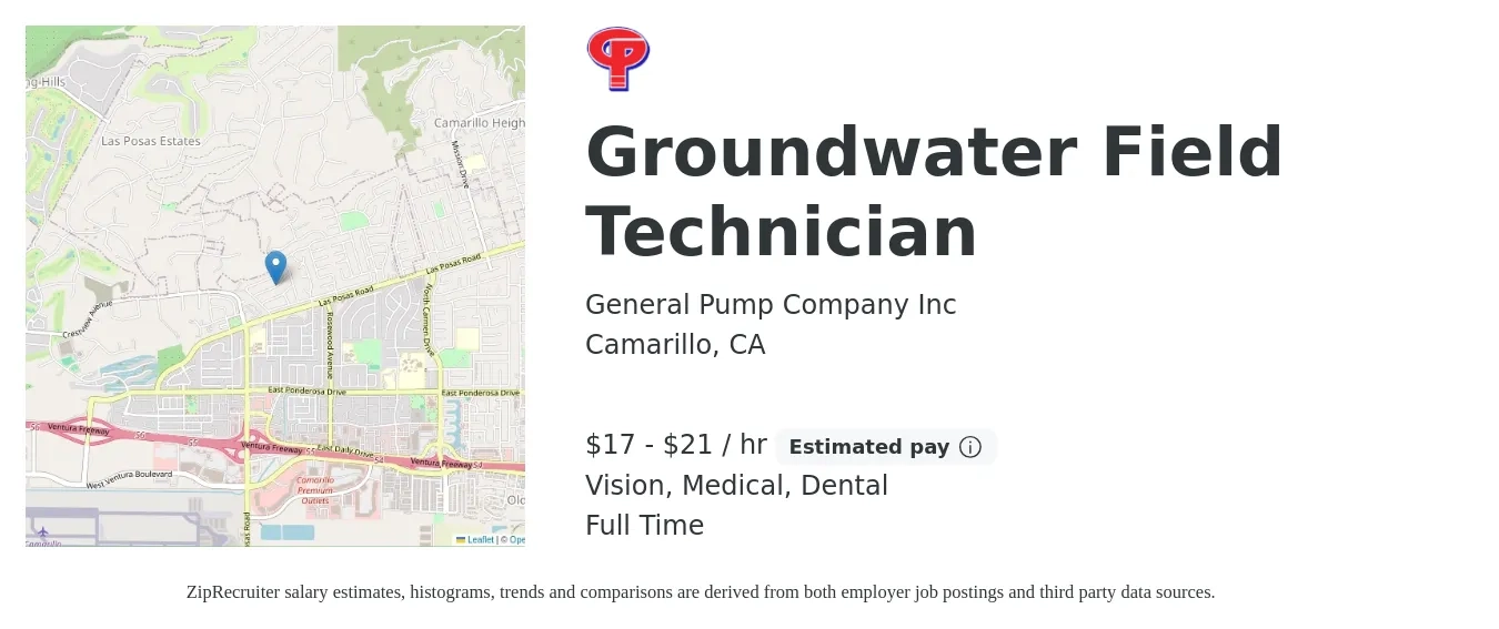 General Pump Company Inc job posting for a Groundwater Field Technician in Camarillo, CA with a salary of $18 to $22 Hourly and benefits including medical, pto, retirement, vision, dental, and life_insurance with a map of Camarillo location.