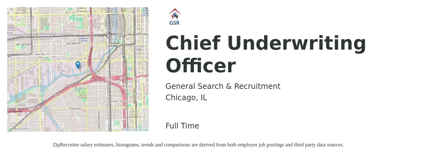 General Search & Recruitment job posting for a Chief Underwriting Officer in Chicago, IL with a salary of $136,500 to $264,700 Yearly with a map of Chicago location.