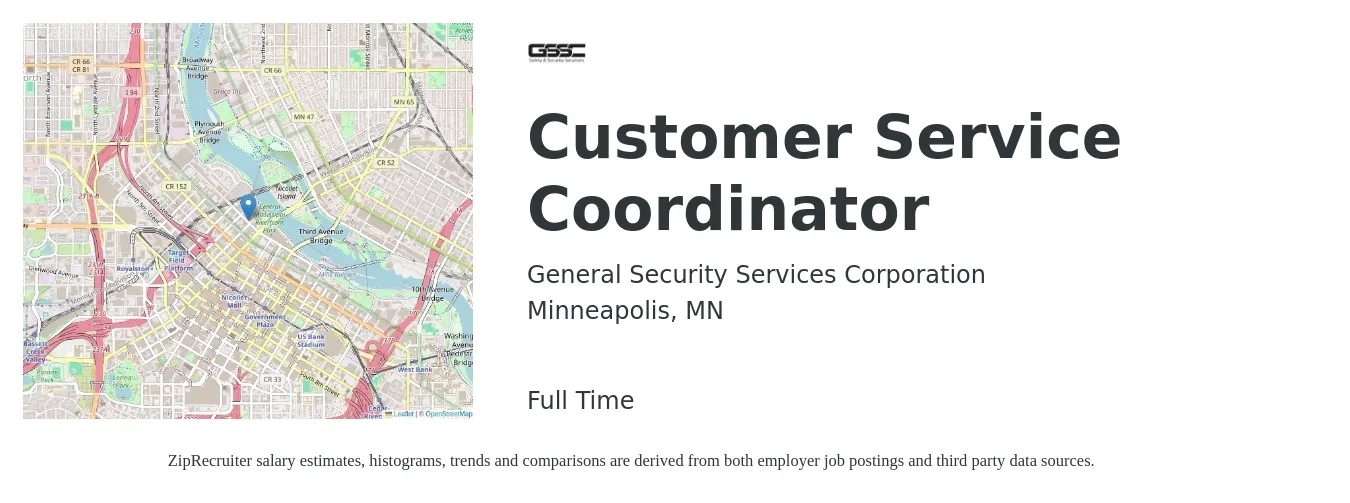 General Security Services Corporation job posting for a Customer Service Coordinator in Minneapolis, MN with a salary of $18 to $24 Hourly with a map of Minneapolis location.