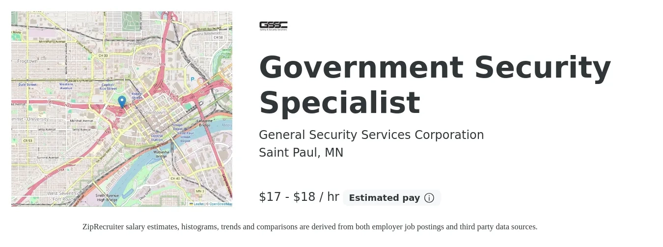 General Security Services Corporation job posting for a Government Security Specialist in Saint Paul, MN with a salary of $18 to $19 Hourly with a map of Saint Paul location.