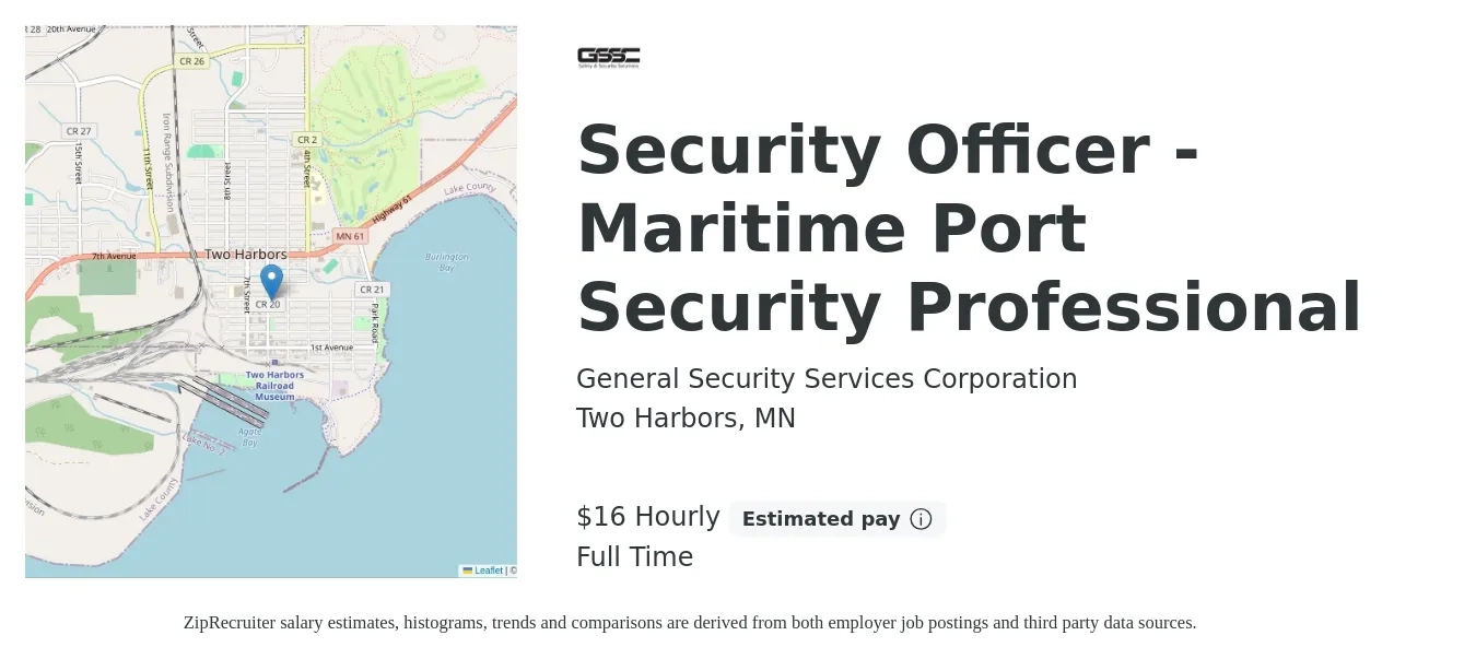 General Security Services Corporation job posting for a Security Officer - Maritime Port Security Professional in Two Harbors, MN with a salary of $17 Hourly with a map of Two Harbors location.