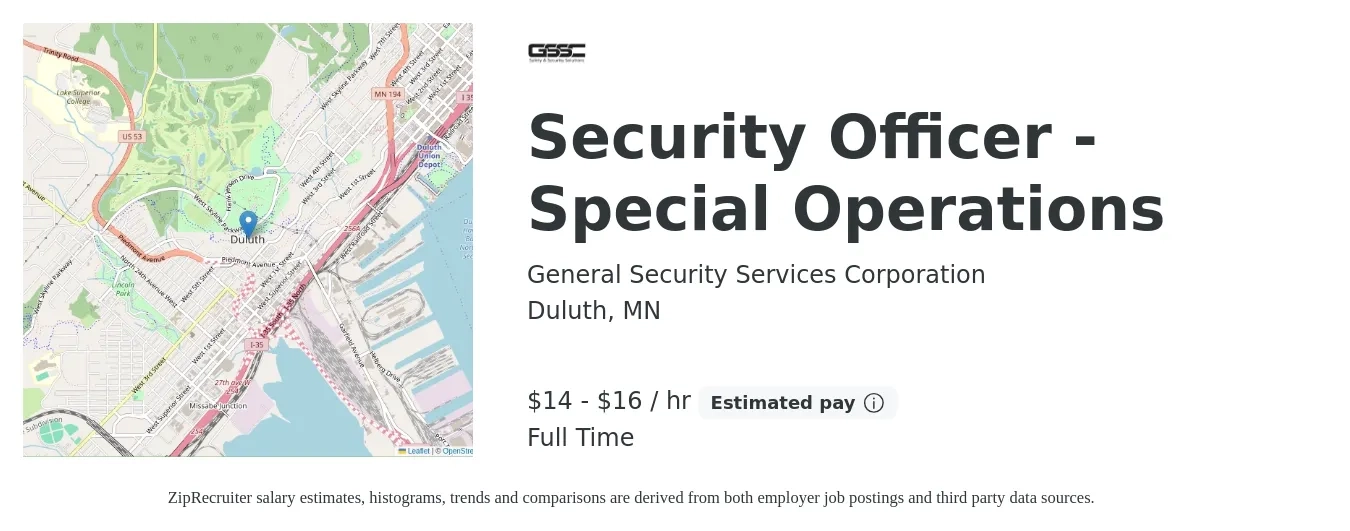 General Security Services Corporation job posting for a Security Officer - Special Operations in Duluth, MN with a salary of $15 to $17 Hourly with a map of Duluth location.