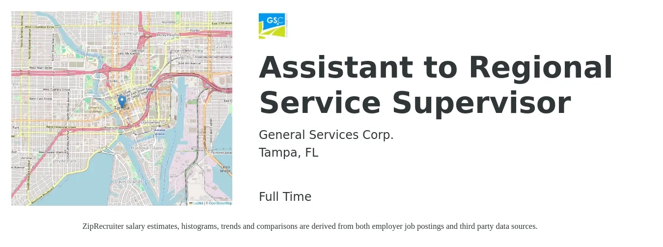 General Services Corp. job posting for a Assistant to Regional Service Supervisor in Tampa, FL with a salary of $40,200 to $64,700 Yearly with a map of Tampa location.