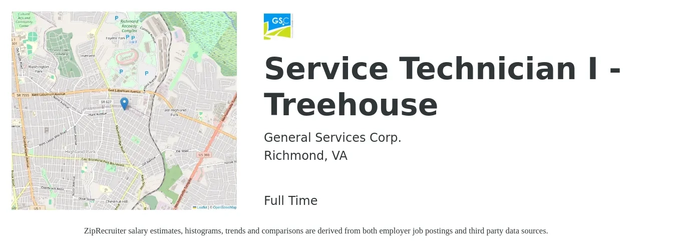 General Services Corp. job posting for a Service Technician I - Treehouse in Richmond, VA with a salary of $18 to $26 Hourly with a map of Richmond location.