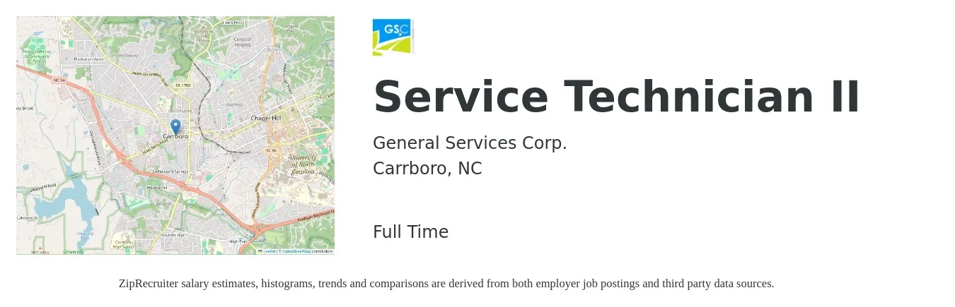 General Services Corp. job posting for a Service Technician II in Carrboro, NC with a salary of $17 to $24 Hourly with a map of Carrboro location.