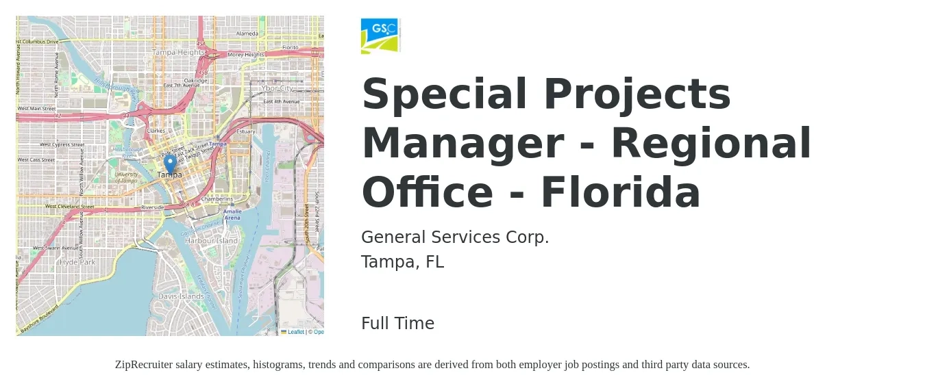 General Services Corporation job posting for a Special Projects Manager - Regional Office - Florida in Tampa, FL with a salary of $61,000 to $97,800 Yearly with a map of Tampa location.