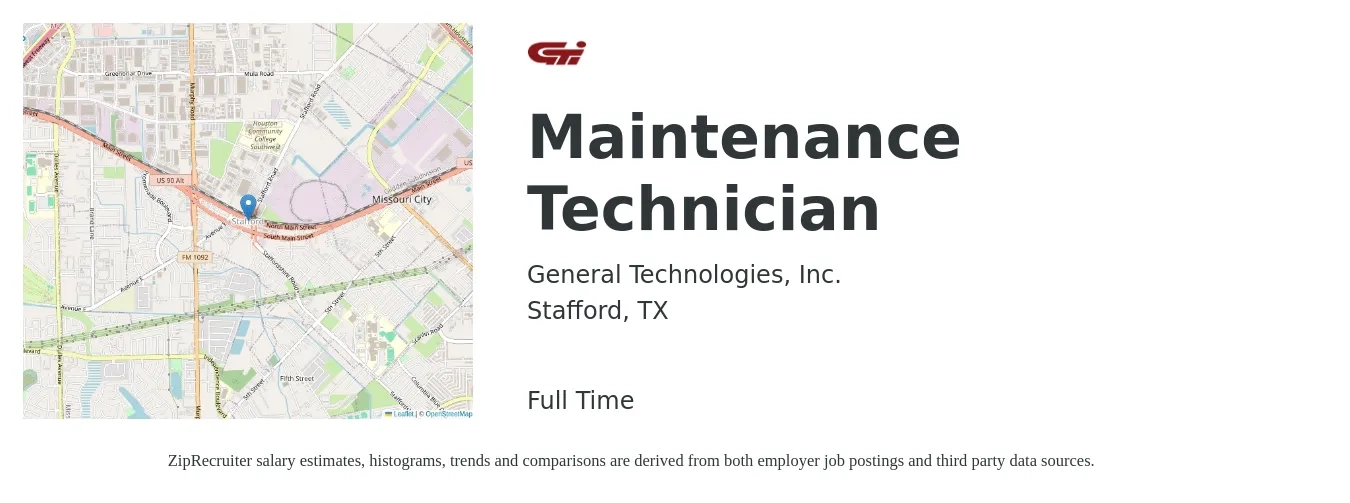 General Technologies, Inc. job posting for a Maintenance Technician in Stafford, TX with a salary of $17 to $23 Hourly with a map of Stafford location.