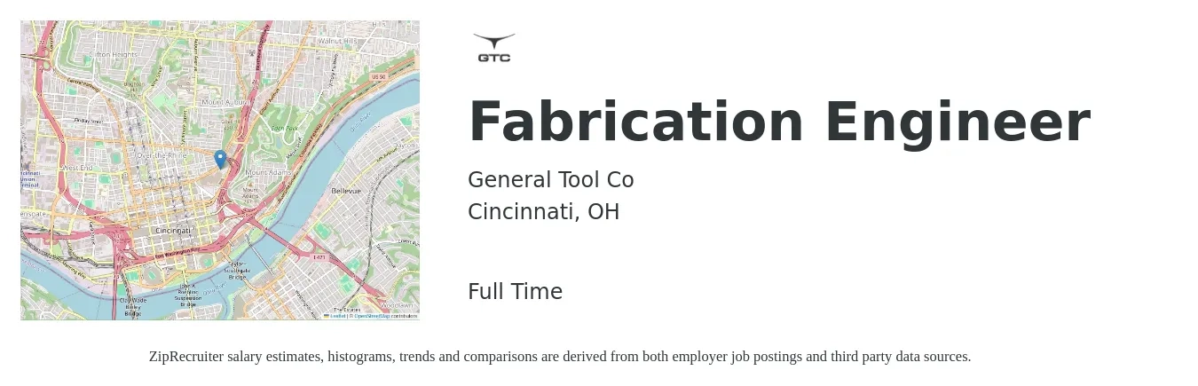 General Tool Co job posting for a Fabrication Engineer in Cincinnati, OH with a salary of $73,900 to $91,700 Yearly with a map of Cincinnati location.