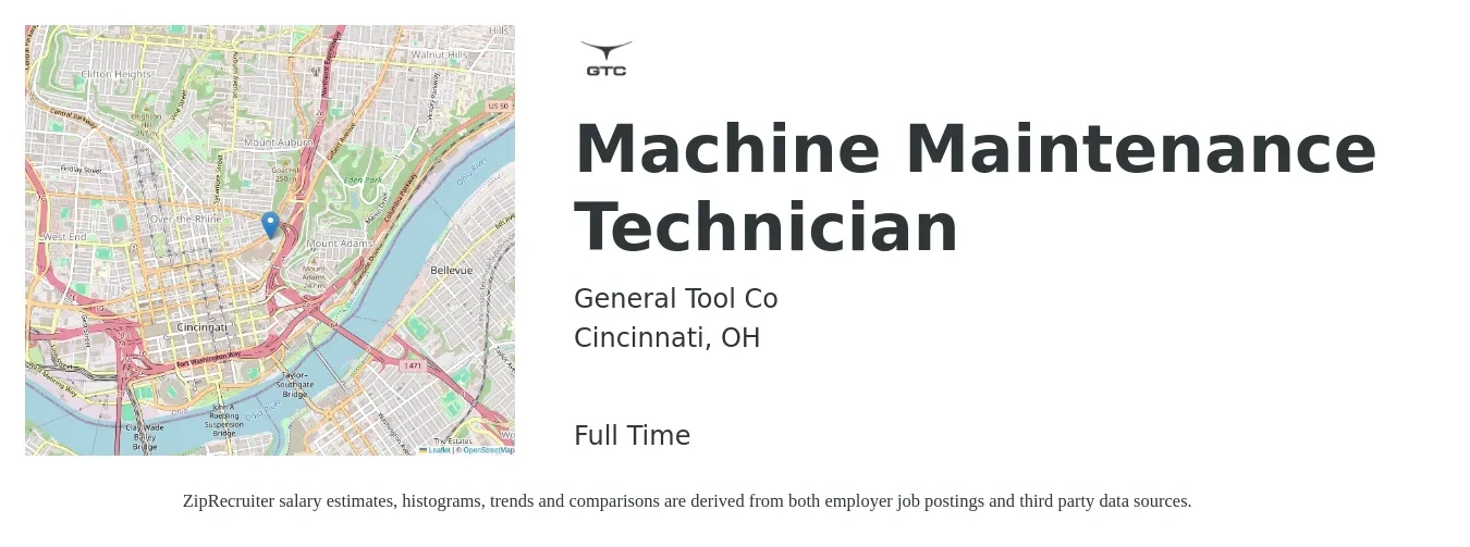 General Tool Co job posting for a Machine Maintenance Technician in Cincinnati, OH with a salary of $21 to $28 Hourly with a map of Cincinnati location.