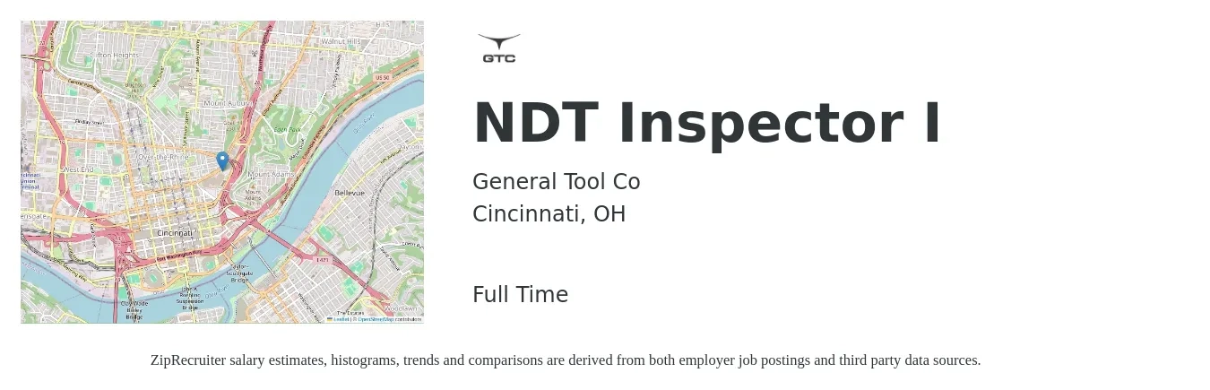 General Tool Co job posting for a NDT Inspector I in Cincinnati, OH with a salary of $24 to $34 Hourly with a map of Cincinnati location.