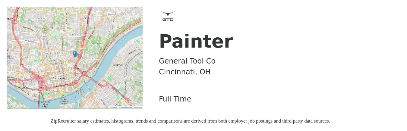 General Tool CO job posting for a Painter in Cincinnati, OH with a salary of $18 to $24 Hourly with a map of Cincinnati location.