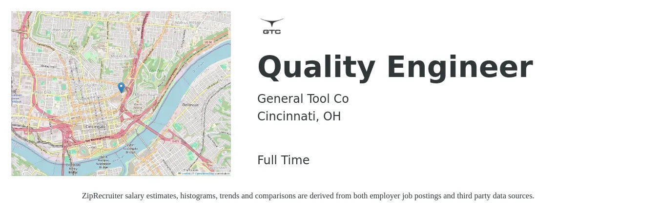 General Tool Co job posting for a Quality Engineer in Cincinnati, OH with a salary of $69,100 to $89,300 Yearly with a map of Cincinnati location.