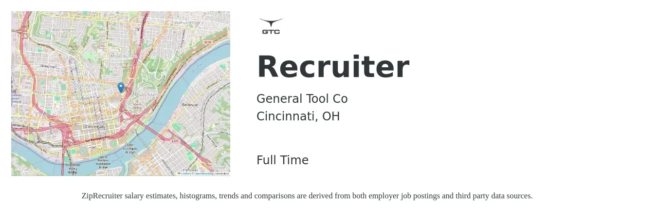 General Tool Co job posting for a Recruiter in Cincinnati, OH with a salary of $20 to $32 Hourly with a map of Cincinnati location.