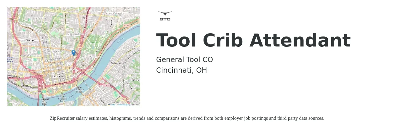 General Tool CO job posting for a Tool Crib Attendant in Cincinnati, OH with a salary of $17 to $21 Hourly with a map of Cincinnati location.