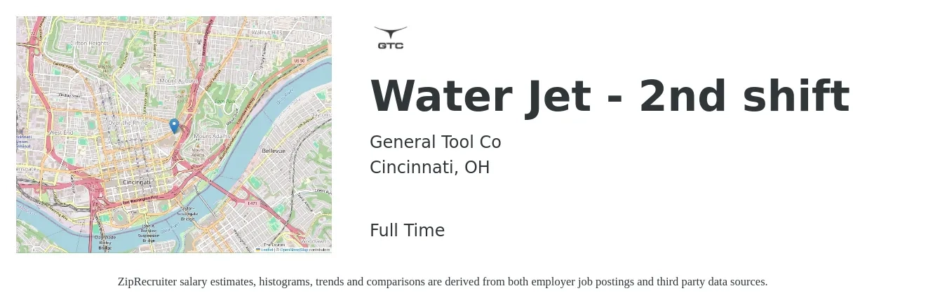 General Tool Co job posting for a Water Jet - 2nd shift in Cincinnati, OH with a salary of $19 to $26 Hourly with a map of Cincinnati location.