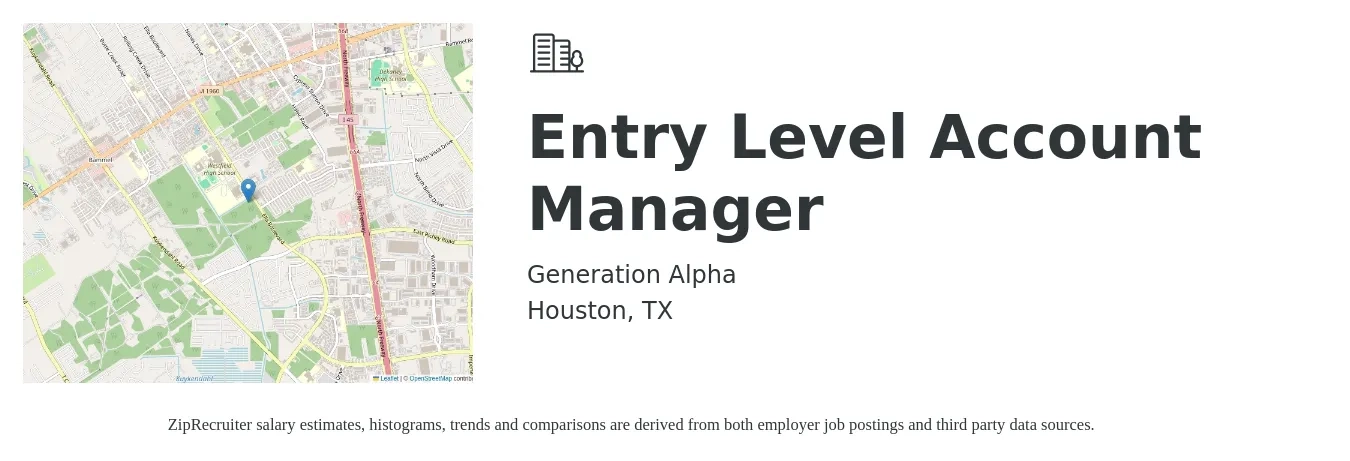 Generation Alpha job posting for a Entry Level Account Manager in Houston, TX with a salary of $42,000 to $50,600 Yearly with a map of Houston location.