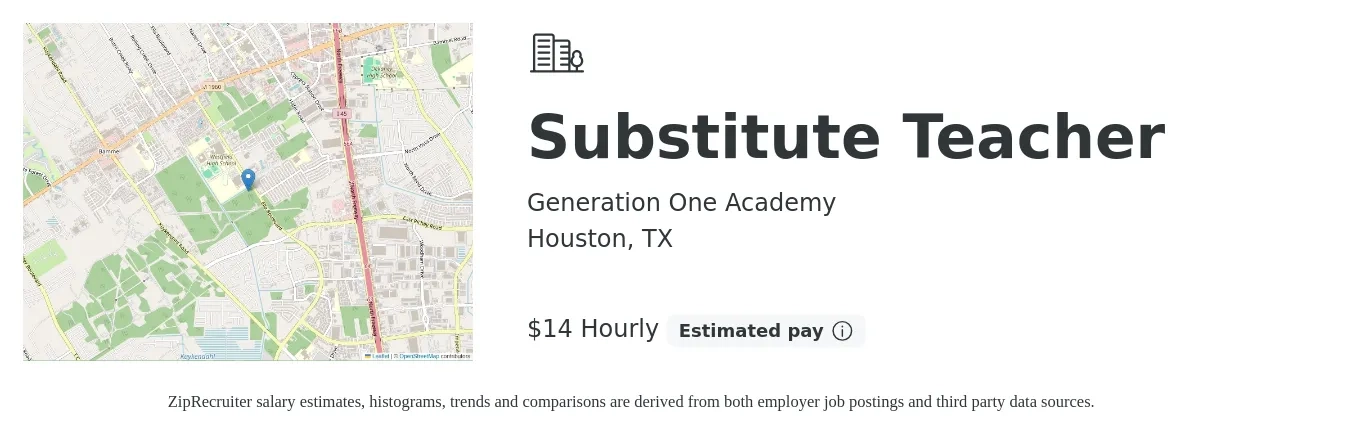 Generation One Academy job posting for a Substitute Teacher in Houston, TX with a salary of $15 Hourly with a map of Houston location.