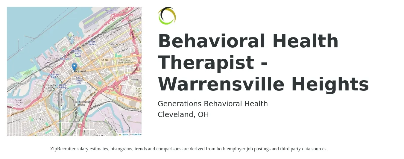 Generations Behavioral Health job posting for a Behavioral Health Therapist - Warrensville Heights in Cleveland, OH with a salary of $58,200 to $78,100 Yearly with a map of Cleveland location.