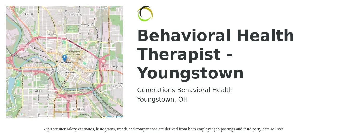 Generations Behavioral Health job posting for a Behavioral Health Therapist - Youngstown in Youngstown, OH with a salary of $56,600 to $76,000 Yearly with a map of Youngstown location.