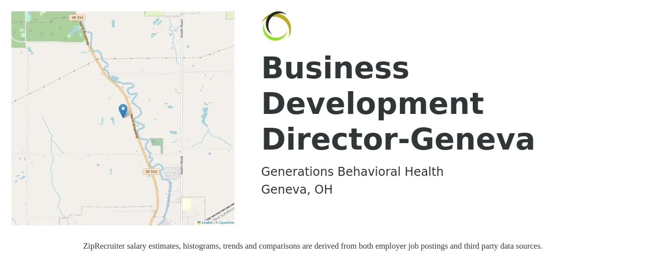 Generations Behavioral Health job posting for a Business Development Director-Geneva in Geneva, OH with a salary of $79,500 to $128,900 Yearly with a map of Geneva location.
