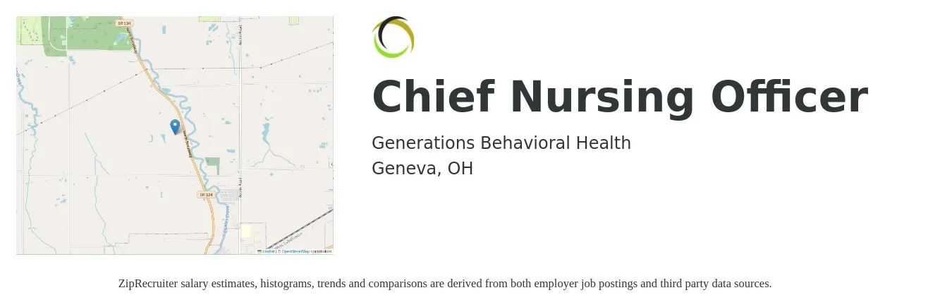Generations Behavioral Health job posting for a Chief Nursing Officer in Geneva, OH with a salary of $107,200 to $147,100 Yearly with a map of Geneva location.