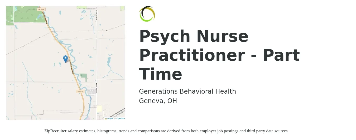 Generations Behavioral Health job posting for a Psych Nurse Practitioner - Part Time in Geneva, OH with a salary of $91,900 to $127,600 Yearly with a map of Geneva location.