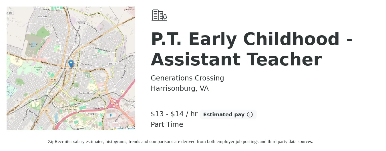 Generations Crossing job posting for a P.T. Early Childhood - Assistant Teacher in Harrisonburg, VA with a salary of $14 to $15 Hourly with a map of Harrisonburg location.