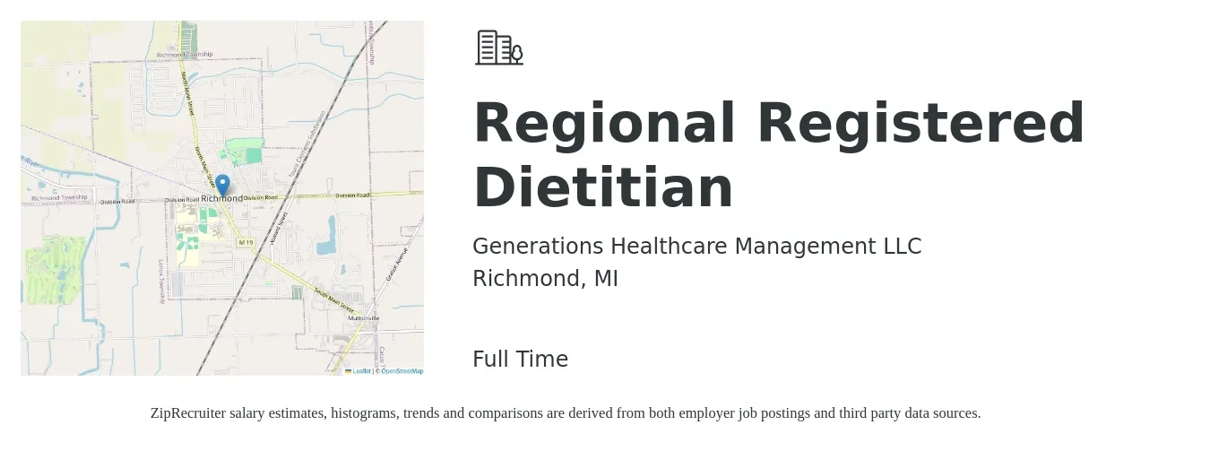 Generations Healthcare Management LLC job posting for a Regional Registered Dietitian in Richmond, MI with a salary of $28 to $38 Hourly with a map of Richmond location.