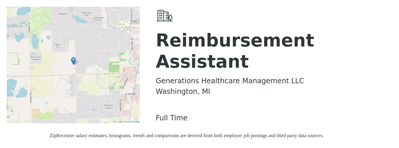 Generations Healthcare Management LLC job posting for a Reimbursement Assistant in Washington, MI with a map of Washington location.