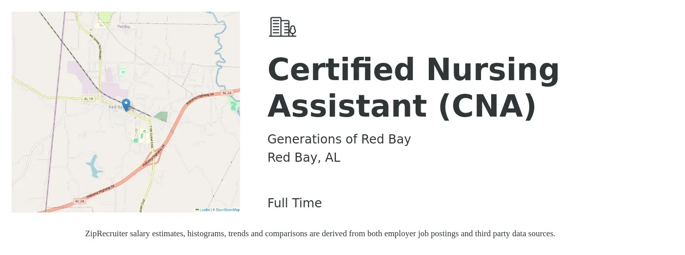 Generations of Red Bay job posting for a Certified Nursing Assistant (CNA) in Red Bay, AL with a salary of $13 to $18 Hourly with a map of Red Bay location.