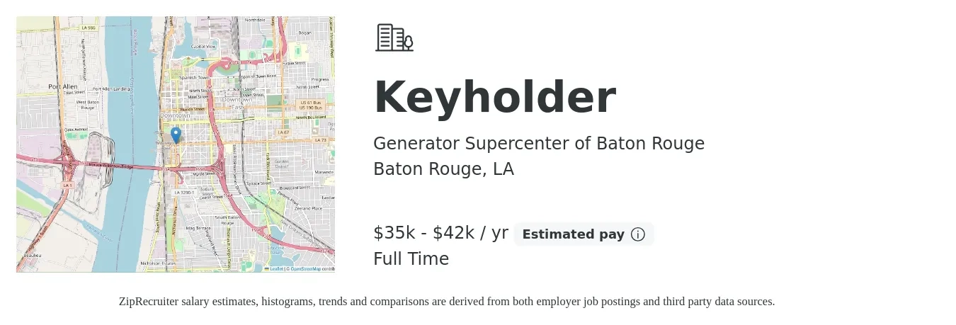 Generator Supercenter of Baton Rouge job posting for a Keyholder in Baton Rouge, LA with a salary of $35,000 to $42,000 Yearly with a map of Baton Rouge location.