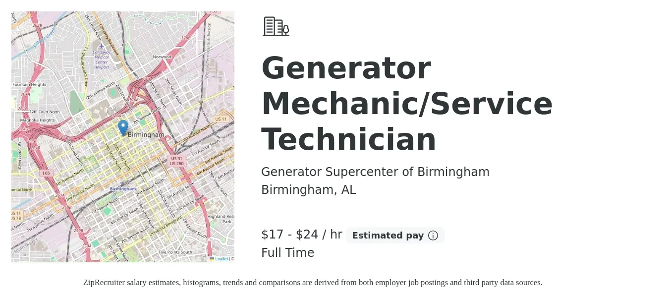 Generator Supercenter of Birmingham job posting for a Generator Mechanic/Service Technician in Birmingham, AL with a salary of $18 to $25 Hourly with a map of Birmingham location.