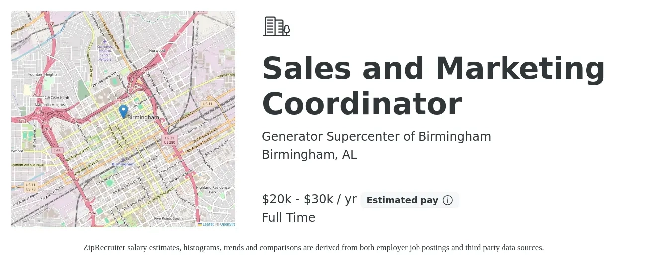 Generator Supercenter of Birmingham job posting for a Sales and Marketing Coordinator in Birmingham, AL with a salary of $20,000 to $30,000 Yearly with a map of Birmingham location.