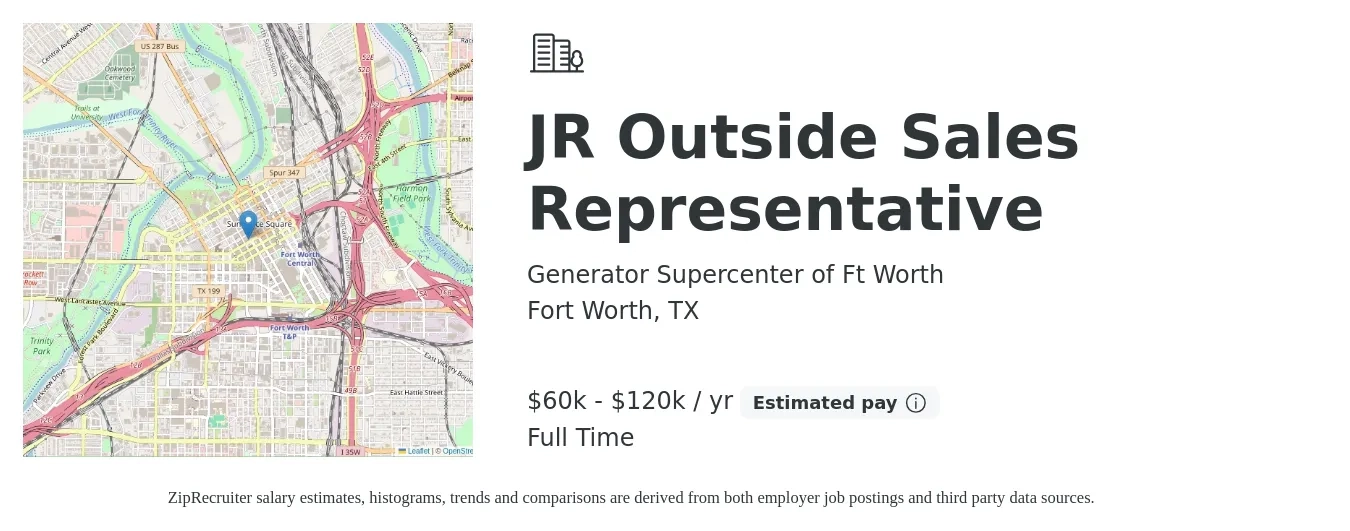 Generator Supercenter of Ft Worth job posting for a JR Outside Sales Representative in Fort Worth, TX with a salary of $60,000 to $120,000 Yearly with a map of Fort Worth location.