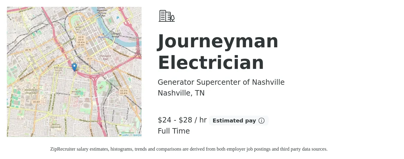 Generator Supercenter of Nashville job posting for a Journeyman Electrician in Nashville, TN with a salary of $25 to $30 Hourly with a map of Nashville location.