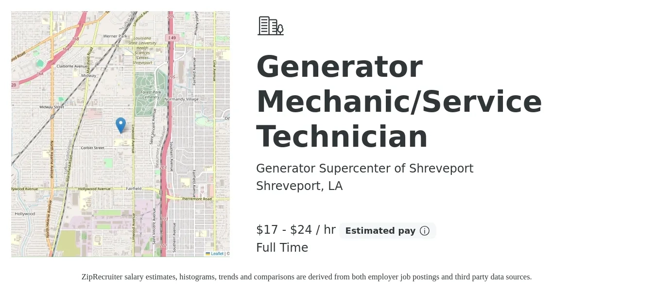 Generator Supercenter of Shreveport job posting for a Generator Mechanic/Service Technician in Shreveport, LA with a salary of $18 to $25 Hourly with a map of Shreveport location.
