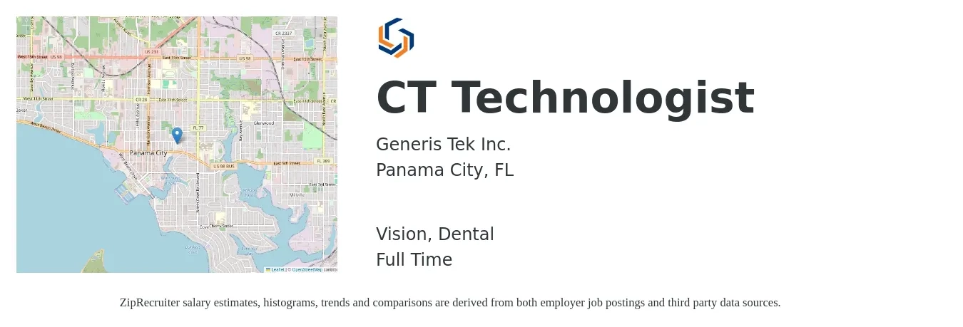 Generis Tek Inc. job posting for a CT Technologist in Panama City, FL with a salary of $1,780 to $2,490 Weekly and benefits including dental, and vision with a map of Panama City location.