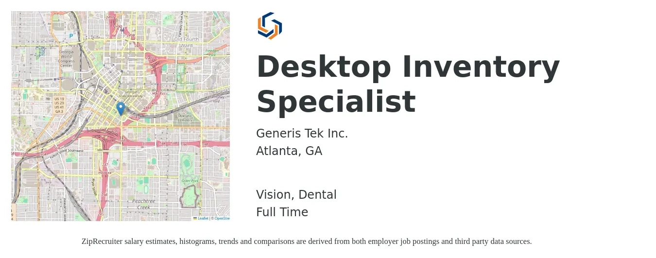 Generis Tek Inc. job posting for a Desktop Inventory Specialist in Atlanta, GA with a salary of $25 to $40 Hourly and benefits including vision, and dental with a map of Atlanta location.