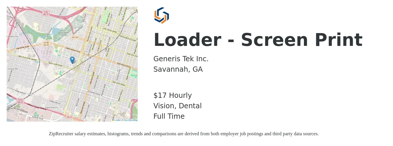 Generis Tek Inc. job posting for a Loader - Screen Print in Savannah, GA with a salary of $18 Hourly and benefits including dental, and vision with a map of Savannah location.