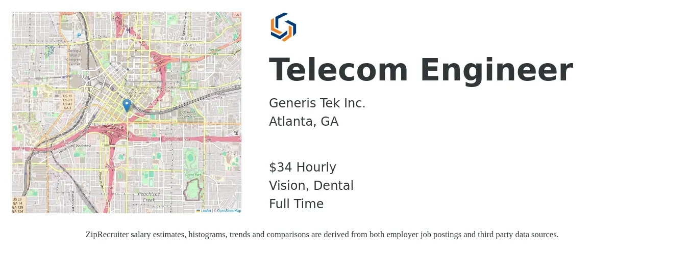 Generis Tek Inc. job posting for a Telecom Engineer in Atlanta, GA with a salary of $36 Hourly and benefits including vision, and dental with a map of Atlanta location.