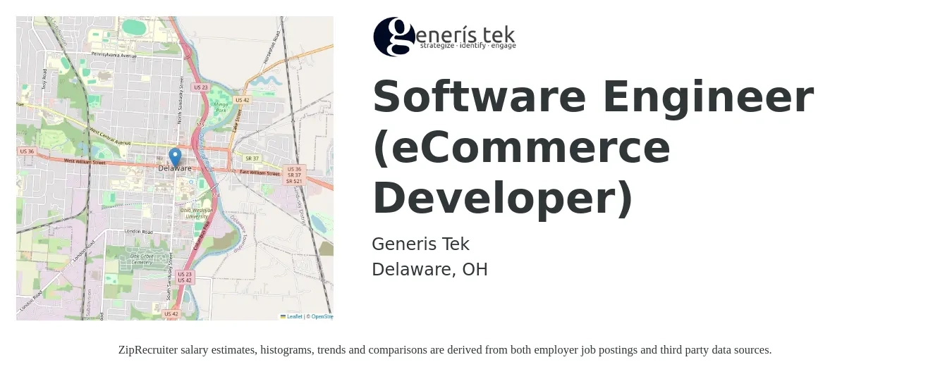 Generis Tek job posting for a Software Engineer (eCommerce Developer) in Delaware, OH with a salary of $85,400 to $123,400 Yearly with a map of Delaware location.