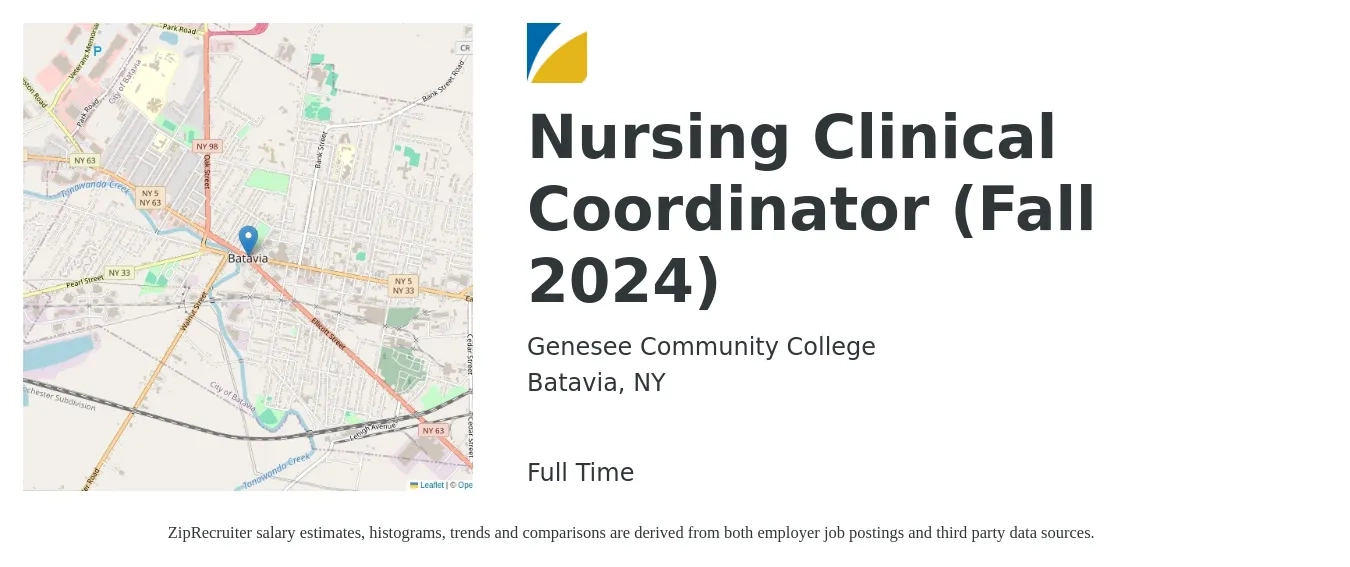 Genesee Community College job posting for a Nursing Clinical Coordinator (Fall 2024) in Batavia, NY with a salary of $1,490 to $2,200 Weekly with a map of Batavia location.