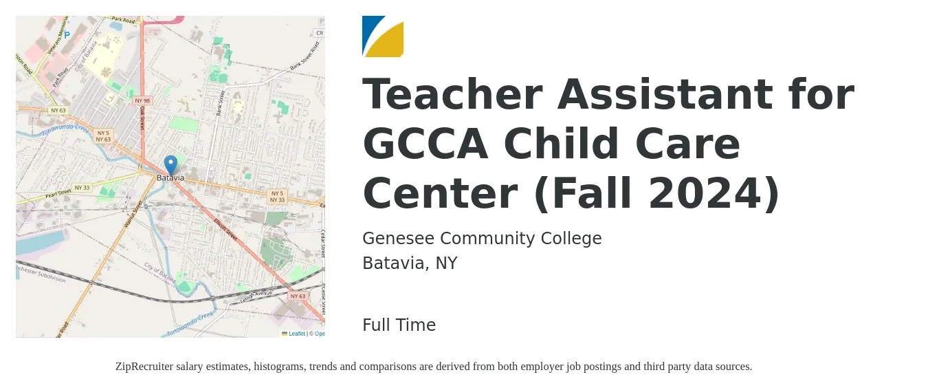 Genesee Community College job posting for a Teacher Assistant for GCCA Child Care Center (Fall 2024) in Batavia, NY with a salary of $13 to $17 Hourly with a map of Batavia location.