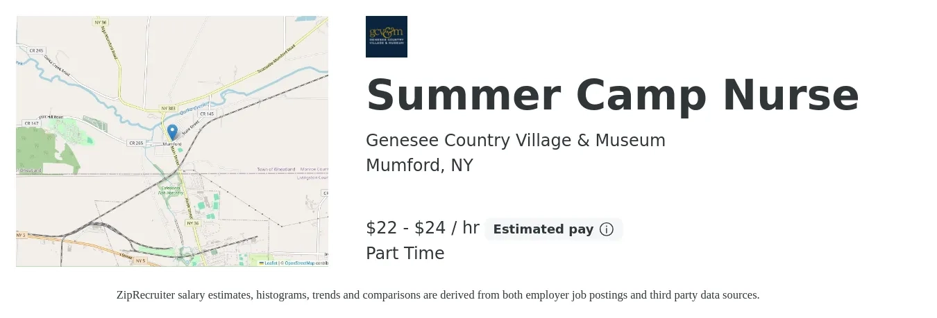 Genesee Country Village & Museum job posting for a Summer Camp Nurse in Mumford, NY with a salary of $23 to $25 Hourly with a map of Mumford location.