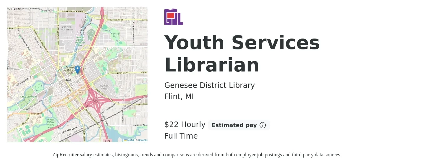 Genesee District Library job posting for a Youth Services Librarian in Flint, MI with a salary of $23 Hourly with a map of Flint location.