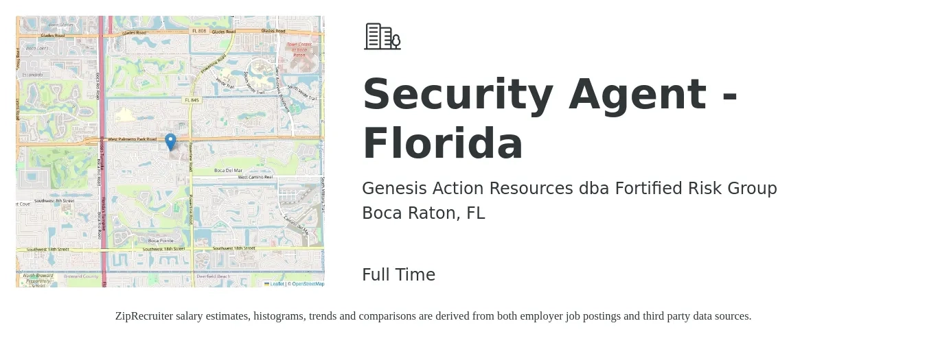 Genesis Action Resources dba Fortified Risk Group job posting for a Security Agent - Florida in Boca Raton, FL with a salary of $25 Hourly with a map of Boca Raton location.
